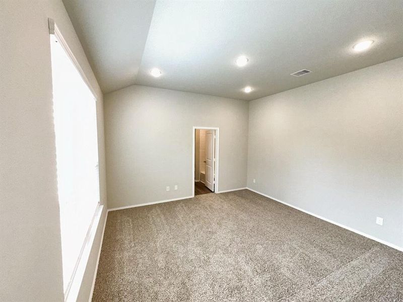 Vaulted master bedroom has high ceilings