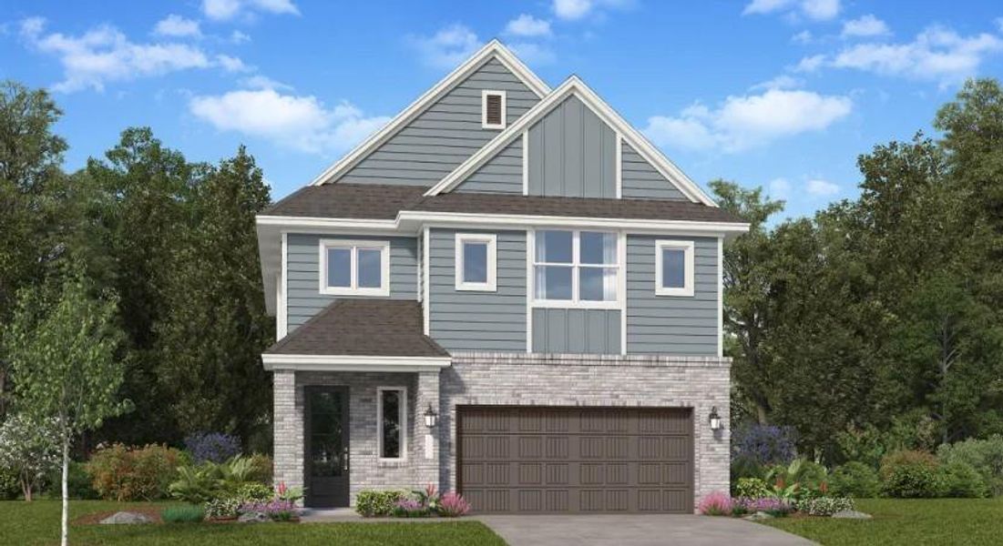 Front exterior of a new home in Oakberry Trails: Avante Collection, Waller, TX, highlighting curb appeal (Image 1). Front exterior of a new home in Oakberry Trails: Avante Collection, Waller, TX, highlighting curb appeal (Image 1).