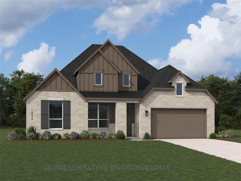 View of front of home with board and batten siding, a front yard, concrete driveway, and brick siding
