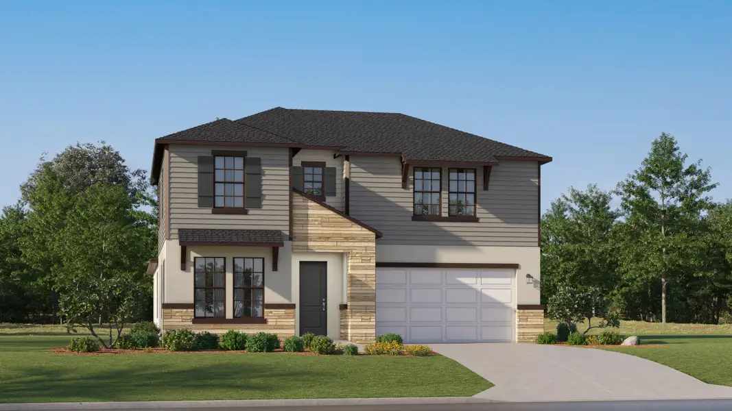 Front exterior of a new home in Connerton, Land O' Lakes, FL, highlighting curb appeal (Image 1). Front exterior of a new home in Connerton, Land O' Lakes, FL, highlighting curb appeal (Image 1).
