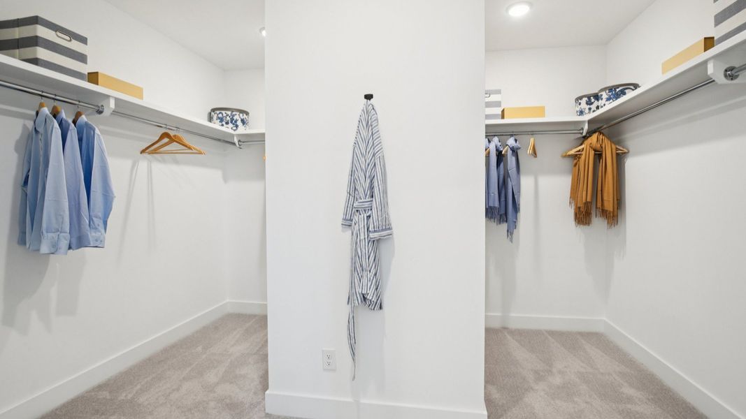 Large walk-in closet with built-in shelving and divided layout