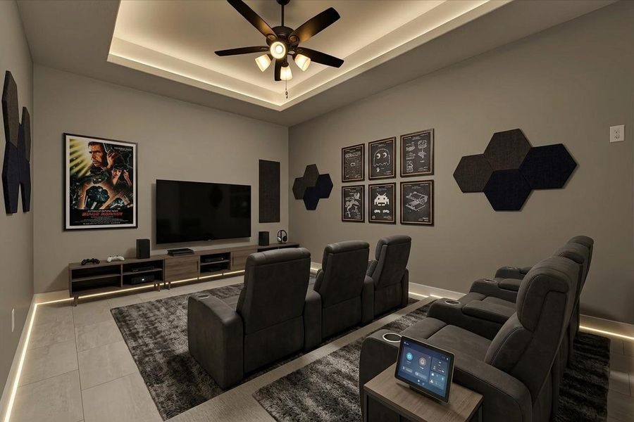 Experience ultimate relaxation and entertainment in this cozy media room, featuring plush seating, a sleek TV setup, and ambient lighting perfect for movie nights. Virtually staged.
