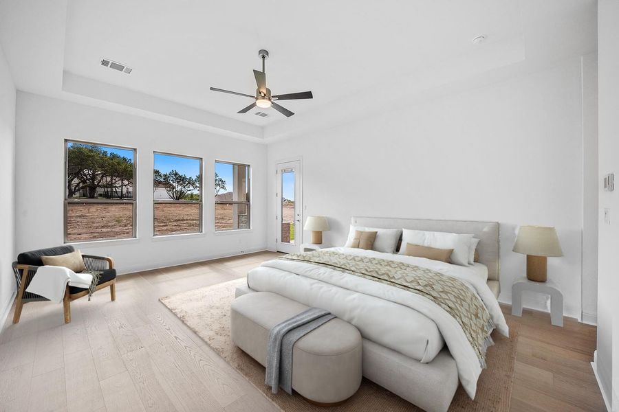 Virtually Staged Primary bedroom with a raised ceiling, access to outside, and light wood finished floors