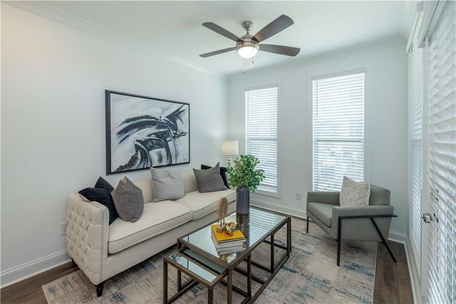 Furnished interior view inside a new home in Ward's Crossing Townhomes, Johns Creek (Image 17). Furnished interior view inside a new home in Ward's Crossing Townhomes, Johns Creek (Image 17).