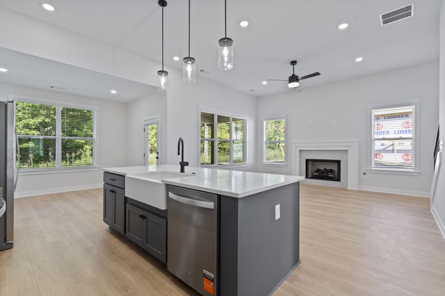 Spacious open-concept layout featuring a kitchen island with a farmhouse sink, stainless steel appliances, wood-finish flooring, and a built-in fireplace