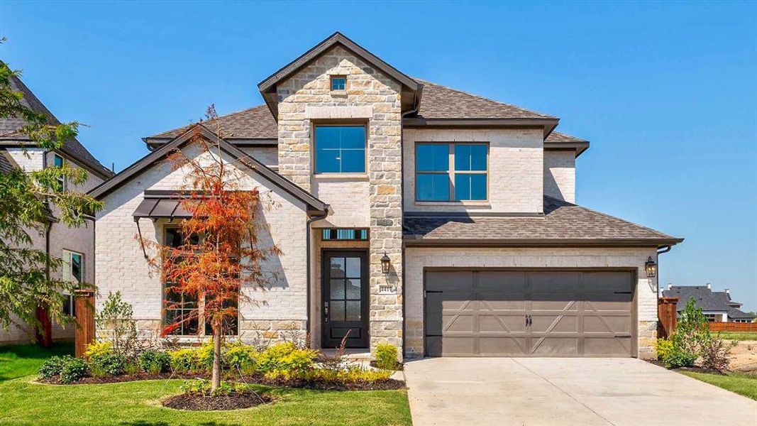 Front exterior of a new home in Mosaic 50', Celina, TX, highlighting curb appeal (Image 1).