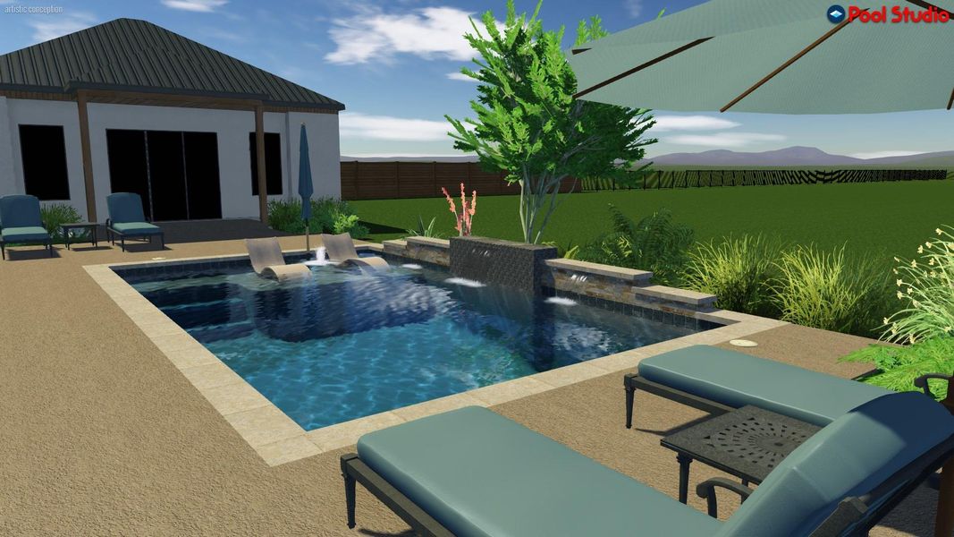 Rendering; Swimming pool with a patio area, a fenced backyard, a hot tub, and a mountain view Rendering; Swimming pool with a patio area, a fenced backyard, a hot tub, and a mountain view
