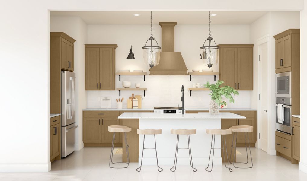 Kitchen with floating shelves and pendant lights