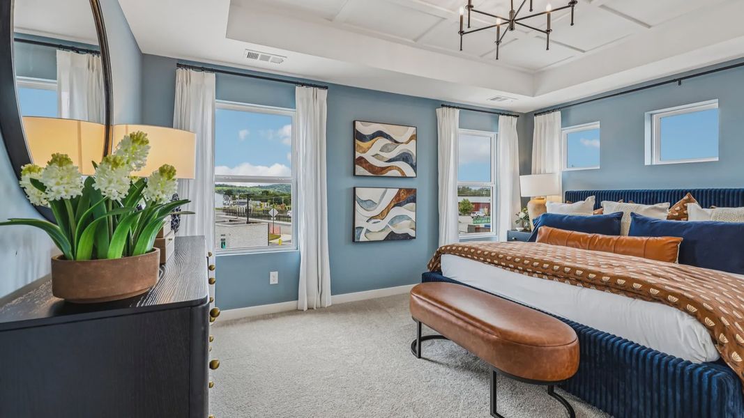 Primary suite with tray ceiling, windows, and carpet