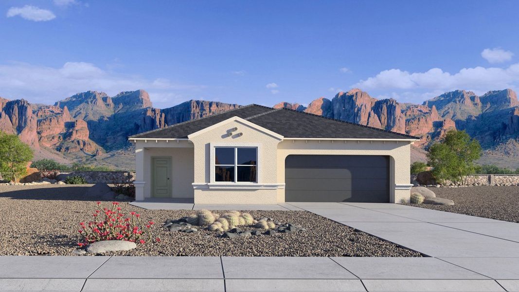 Front exterior of a new home in Western Crossing, Florence, AZ, highlighting curb appeal (Image 1). Front exterior of a new home in Western Crossing, Florence, AZ, highlighting curb appeal (Image 1).
