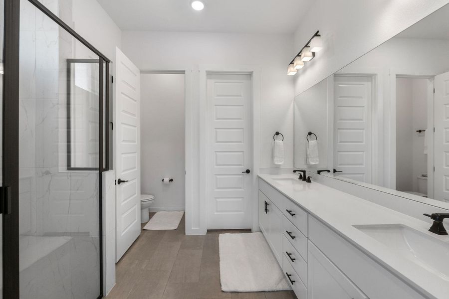 Main full bathroom with toilet, a marble finish shower, and a sink