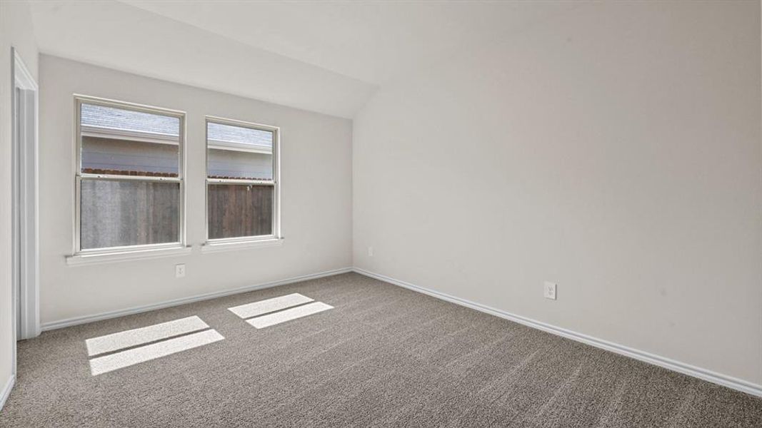 Carpeted room featuring two double-hung windows, light neutral wall paint, and white trim