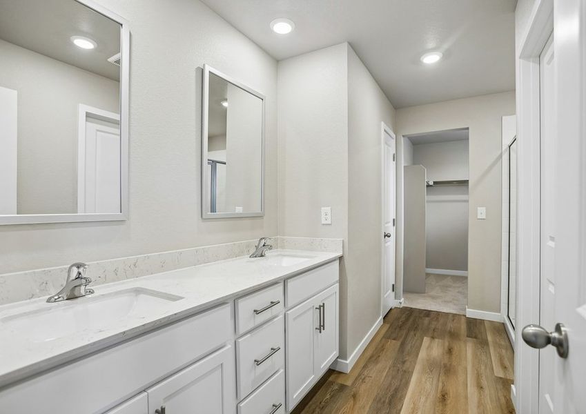 The master bathroom has a dual sink vanity and step in shower.