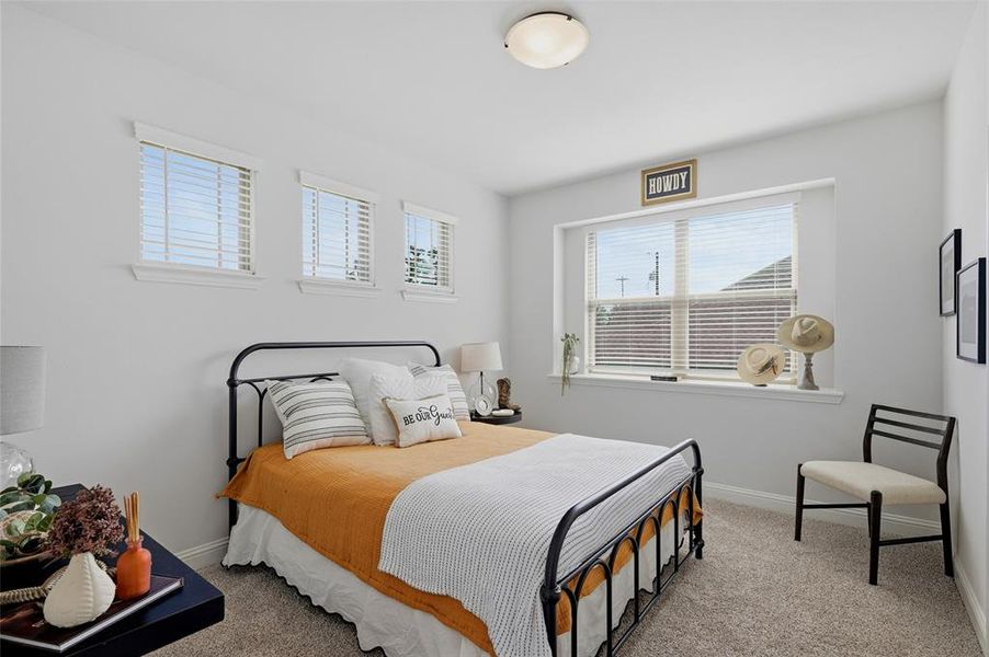 Carpeted room featuring multiple windows with blinds, a built-in window ledge, and a ceiling-mounted flush light fixture