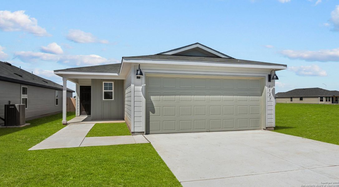 Front exterior of a new home in Meadows at Clear Springs, New Braunfels, TX, highlighting curb appeal (Image 1).