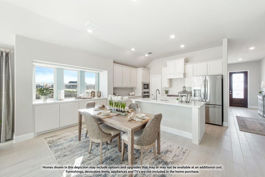 Open-concept kitchen and dining area with white cabinets, large island, stainless steel appliances, and light wood floors Open-concept kitchen and dining area with white cabinets, large island, stainless steel appliances, and light wood floors