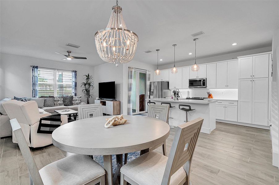 Kitchen and Dining and living area.