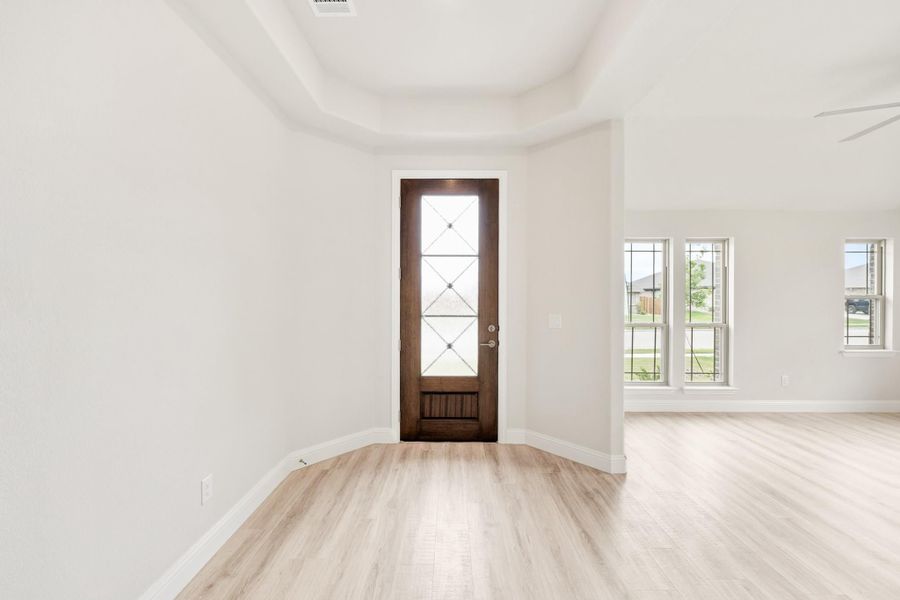 Entryway with dark wood front door, glass panels, tray ceiling, and light hardwood floors
