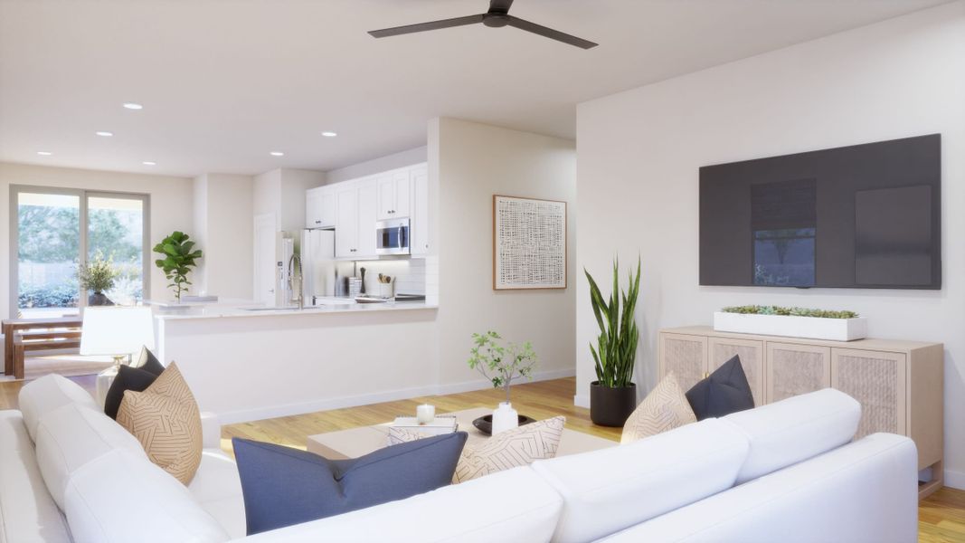 Great Room Virtual Rendering | Daybreak Floorplan | Elara at Moonlight | New Homes in Maricopa, AZ by Landsea Homes