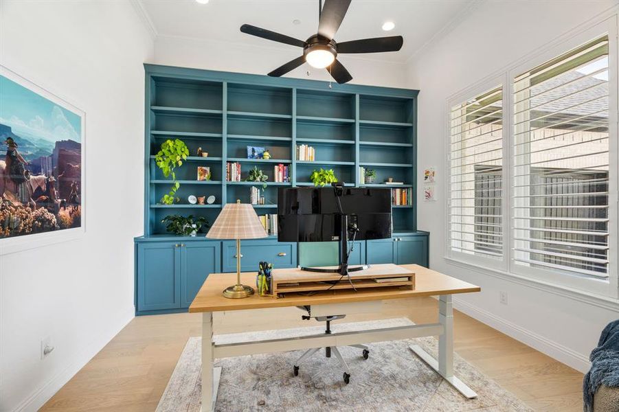 Work from home effortlessly in this dedicated office with premium, space-saving built-ins.