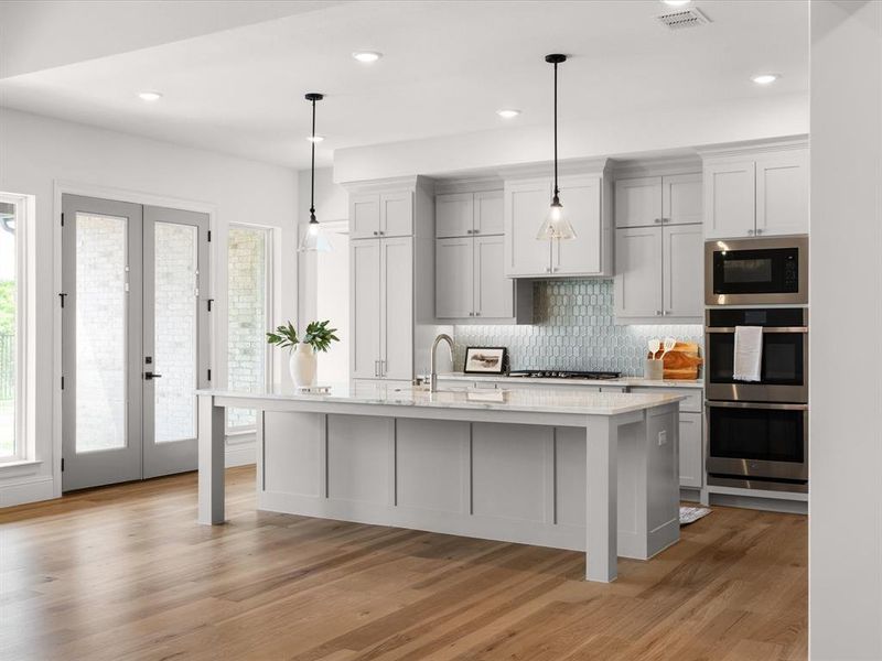 Kitchen featuring french doors, backsplash, stainless steel double oven, recessed lighting, and light wood-type flooring