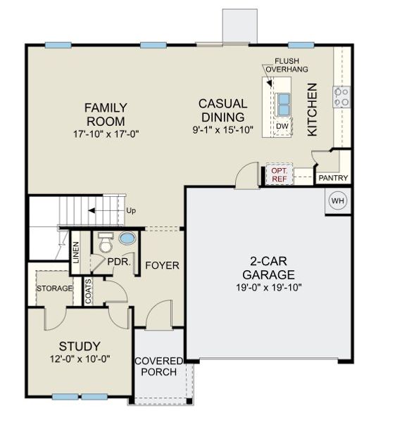 2D floor plan layout for the Prelude - Single Family Homes by Dream Finders Homes in Fisher Springs, Kannapolis, NC (Image 2).