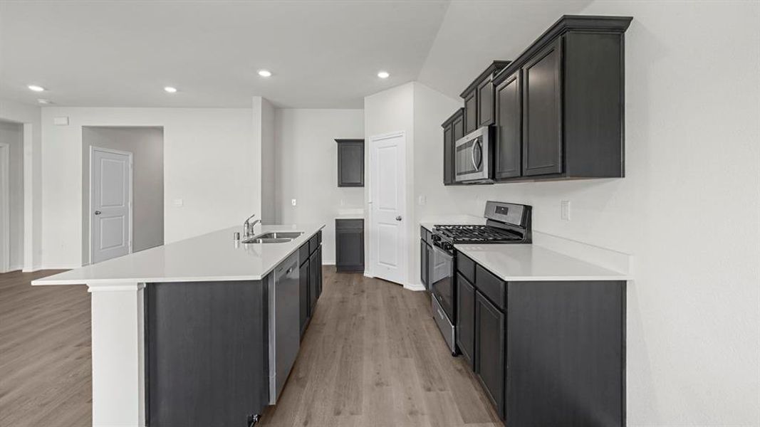 Kitchen with stainless steel appliances, recessed lighting, light wood-type flooring, a center island with sink, and dark cabinetry