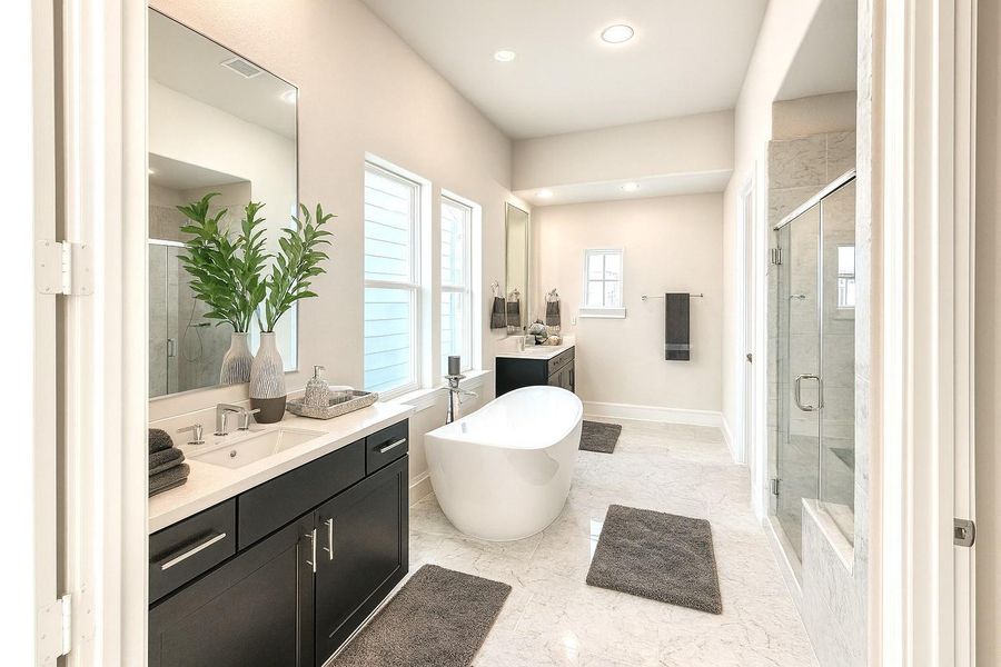 Gorgeous Bathroom w/ Separate Vanities - Free Standing Tub Picture Frames.  Separate Seated Shower.  Hans Grohe Plumbing Fixtures.  (picture was virtually staged)