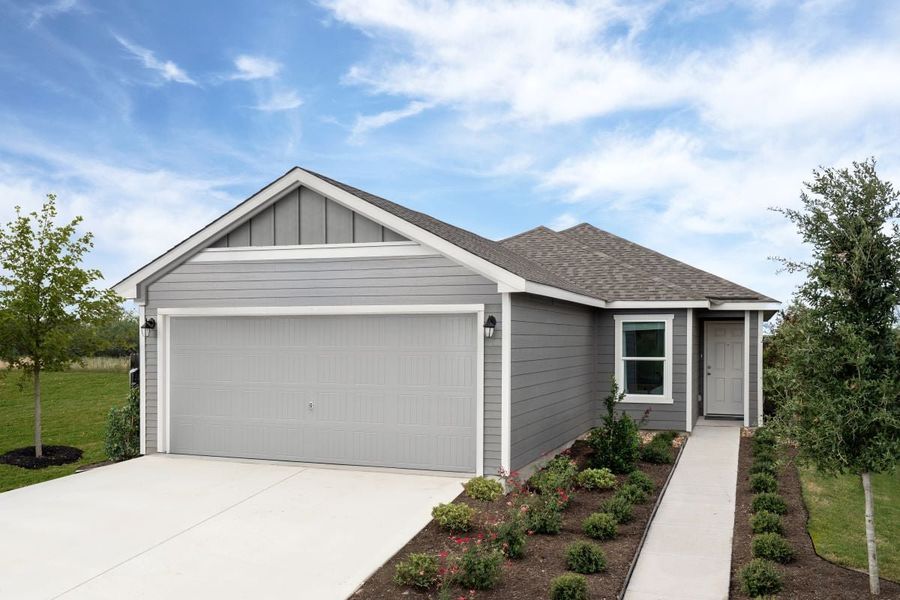 Representative exterior photo of a completed home built from the Plan 1548 Modeled by KB Home in Stoney Chase, Del Valle, TX (Image 10). Representative exterior photo of a completed home built from the Plan 1548 Modeled by KB Home in Stoney Chase, Del Valle, TX (Image 10).