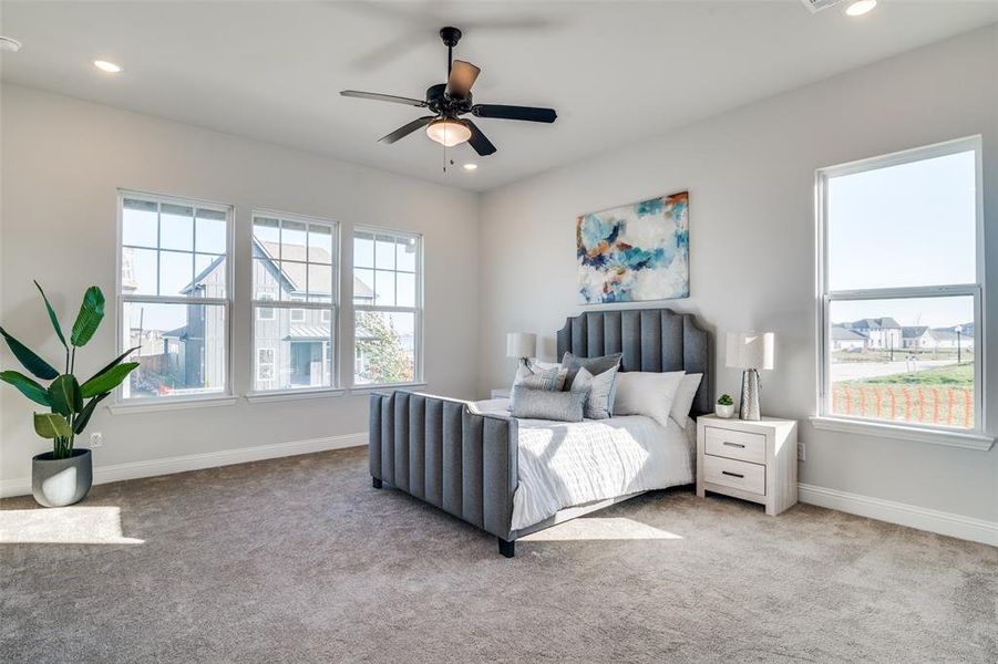 Carpeted bedroom featuring multiple windows and ceiling fan