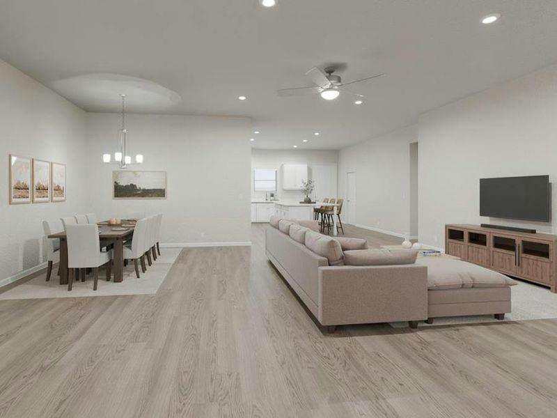 This beautiful home features airy 10-foot ceilings, with the bedrooms centered around the spacious, open living area.