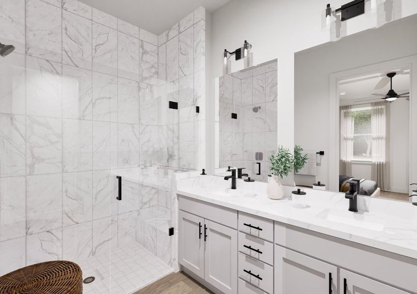 Modern bathroom with white tiles, a glass-door shower, and a double sink vanity. Black fixtures and a potted plant provide contrast and elegance. Modern bathroom with white tiles, a glass-door shower, and a double sink vanity. Black fixtures and a potted plant provide contrast and elegance.