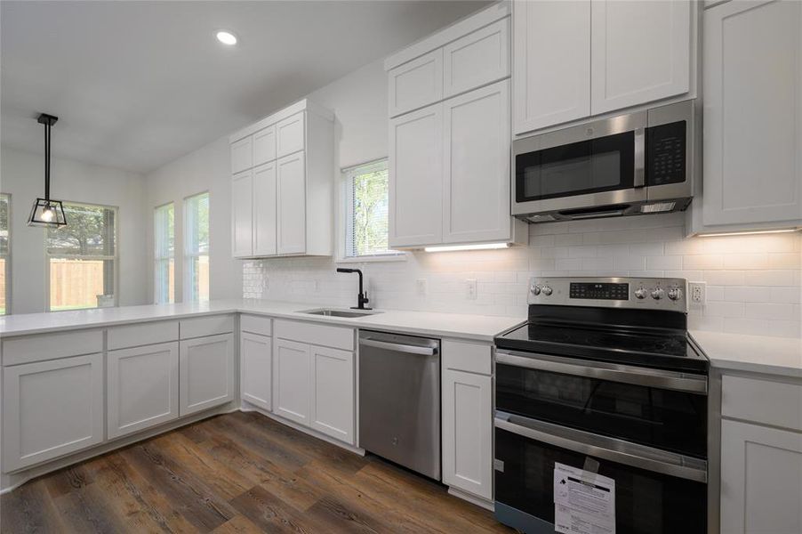 Kitchen featuring white cabinets, stainless steel appliances, dark wood-type flooring, and plenty of natural light