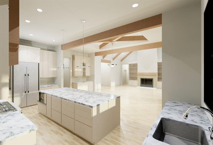 Rendered representation of kitchen and living Rendered representation of kitchen and living