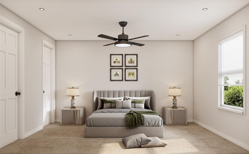 2nd bedroom. Great guest room with a ceiling fan and plush carpeting. This cozy bedroom can comfortably fit a queen-size bed. Example photo, virtually staged