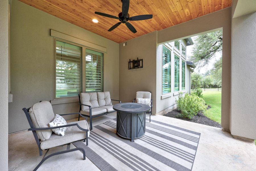 View of patio with ceiling fan