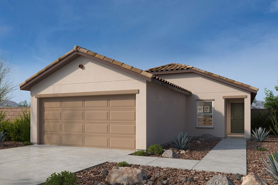 Front exterior of a new home in Mirador Ridge Blossom, Tucson, AZ, highlighting curb appeal (Image 1). Front exterior of a new home in Mirador Ridge Blossom, Tucson, AZ, highlighting curb appeal (Image 1).