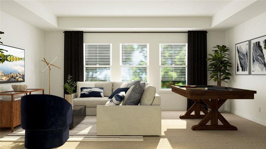 Carpeted living room with a raised ceiling