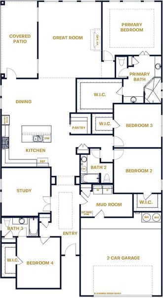 2D floor plan layout for the Waterford by Sitterle Homes in The Colony- Pine Cove, Bastrop, TX (Image 3).