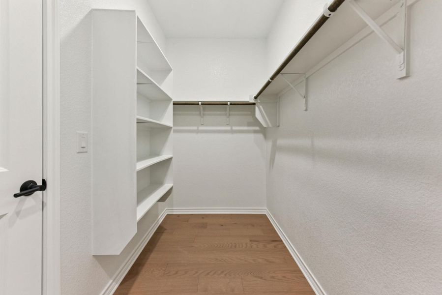 Walk in closet with light wood-style floors