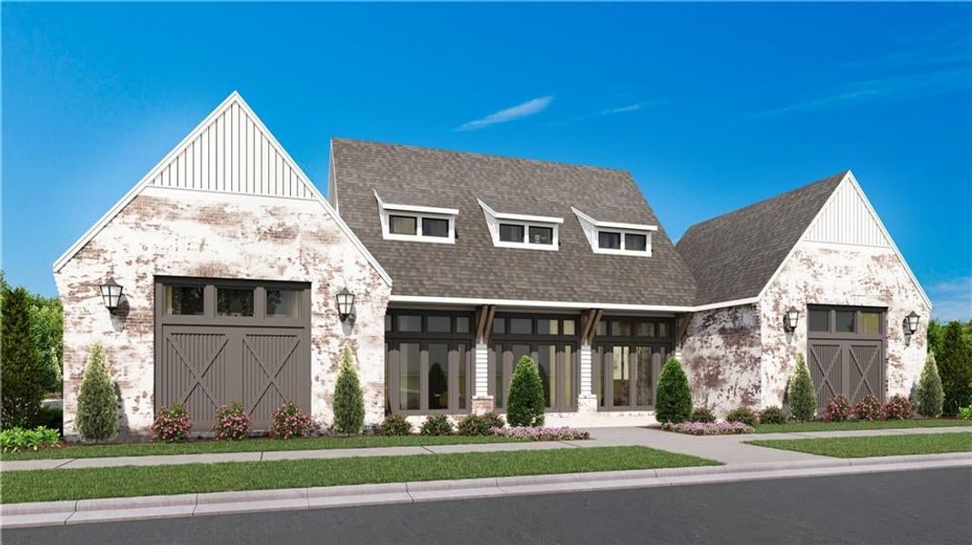 Contemporary farmhouse-style exterior featuring a white-washed brick facade, gray shingle roof, dark-framed windows, and two barn-style garage doors