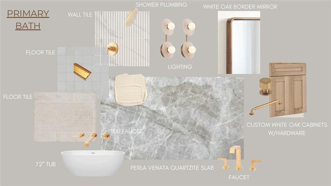 Lavish primary bathroom finishes include custom white oak cabinets, dual vanities showcasing Perla Venata quartzite countertops, 72" soaking tub and a large dual shower.Finishes are subject to change.