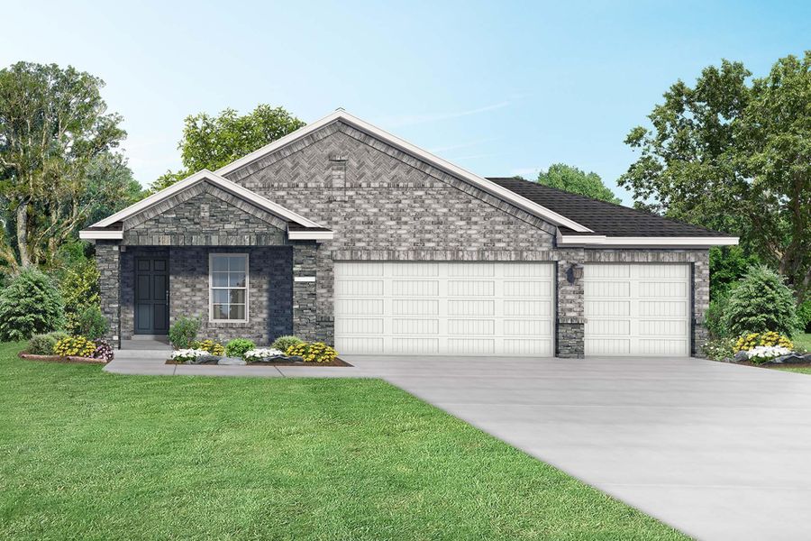 Front exterior of a new home in River Ranch Meadows, Dayton, TX, highlighting curb appeal (Image 1). Front exterior of a new home in River Ranch Meadows, Dayton, TX, highlighting curb appeal (Image 1).