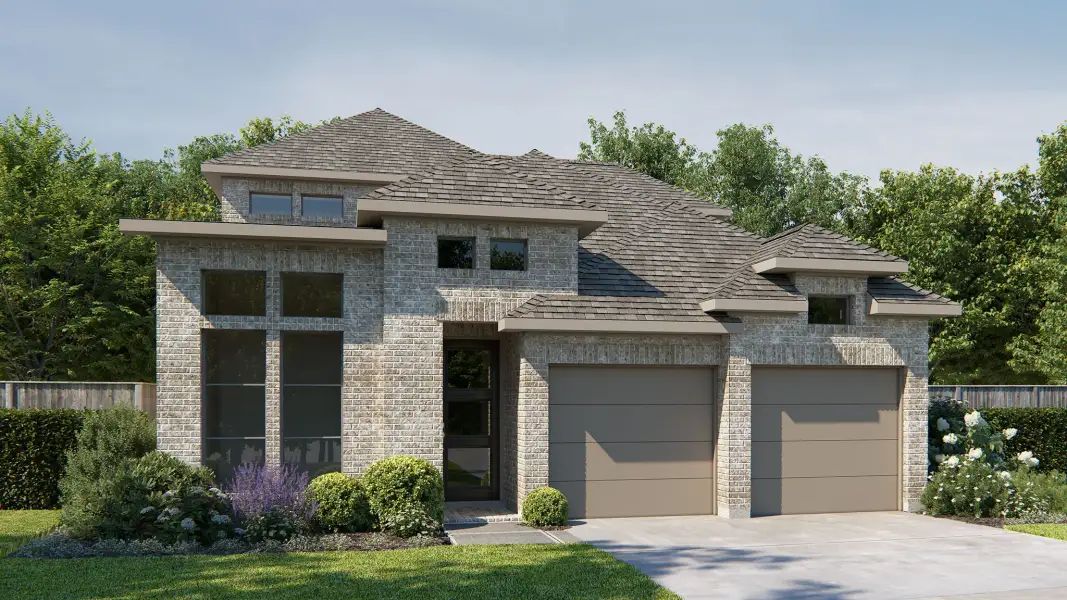 Front exterior of a new home in The Highlands, Porter, TX, highlighting curb appeal (Image 1). Front exterior of a new home in The Highlands, Porter, TX, highlighting curb appeal (Image 1).