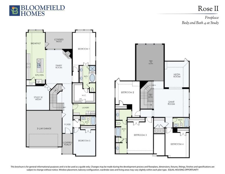 Bloomfield Homes Rose II floor plan showing two-story layout with five bedrooms, game room, media room, and two-car garage.
