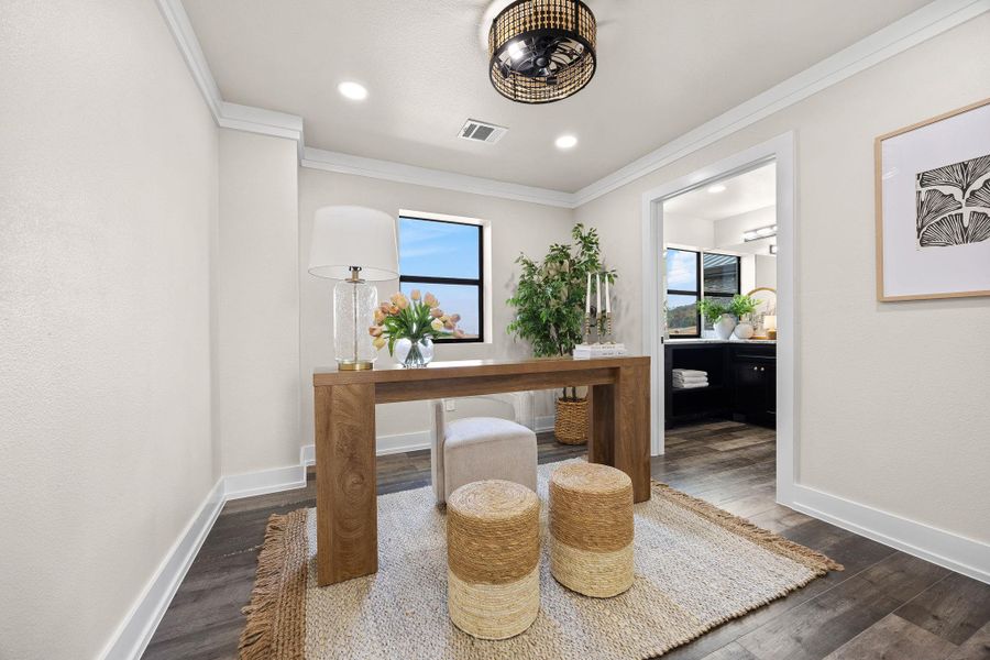 Office featuring dark wood-style floors, ornamental molding, and recessed lighting Office featuring dark wood-style floors, ornamental molding, and recessed lighting