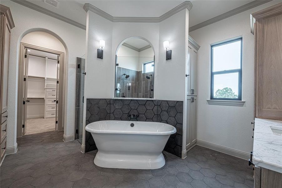 Full bathroom with a spacious closet, crown molding, a freestanding tub, a stall shower, and vanity Full bathroom with a spacious closet, crown molding, a freestanding tub, a stall shower, and vanity