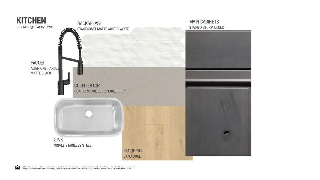 Premium kitchen finishes include matte black faucet, quartz countertops, and coordinating sand dune flooring.