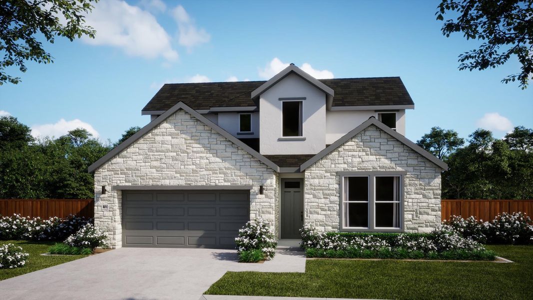 Representative exterior photo of a completed home built from the Caroline by Risewell Homes in Sage Collection – Freedom at Anthem, Kyle, TX (Image 13).
