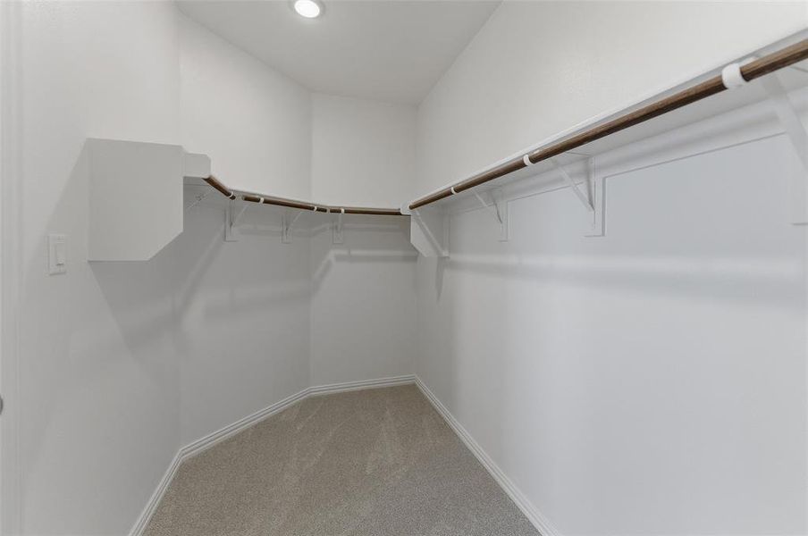 Walk-in closet featuring light gray carpeting, white walls, and a built-in wooden hanging rod with shelving Walk-in closet featuring light gray carpeting, white walls, and a built-in wooden hanging rod with shelving